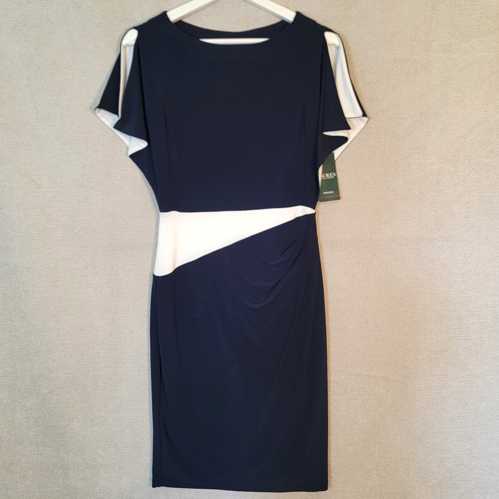 Lauren Ralph Lauren Dress Colorblock Split Sleeve Jersey NEW Womens 2 Navy Blue